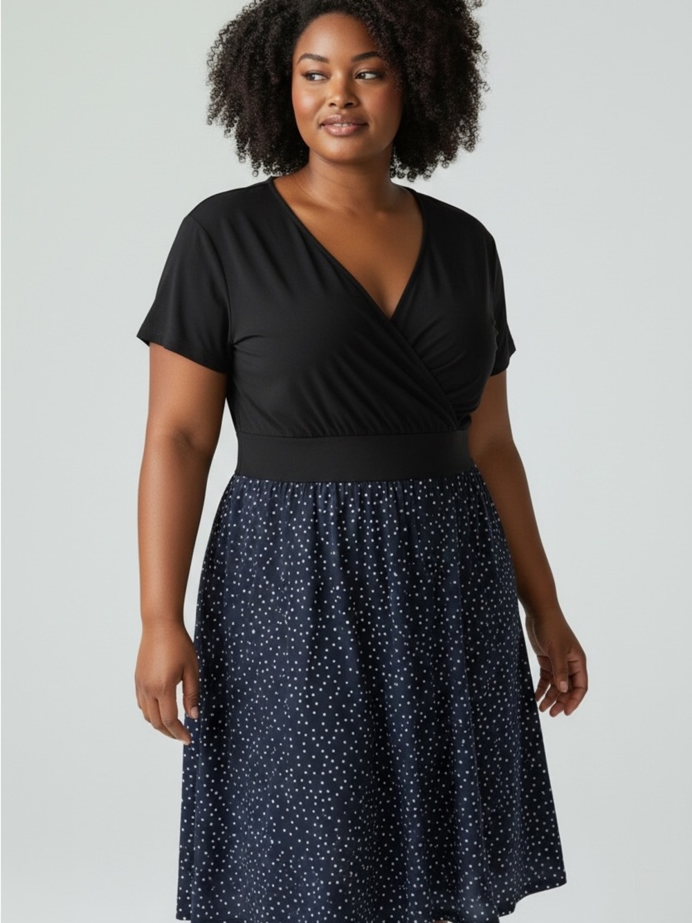 plus size womens dress Black & Navy Polka Dot V-Neck Women's Dress size 2xl